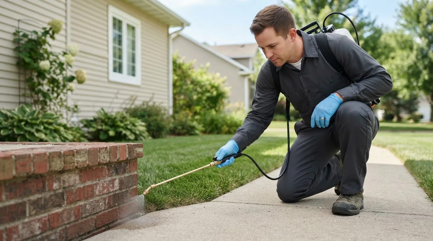 Pest control technician treating a home near Hampton Bays, NY