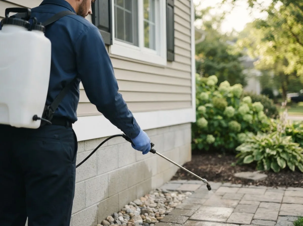 Pest control technician inspecting a home in Hampton Bays, NY